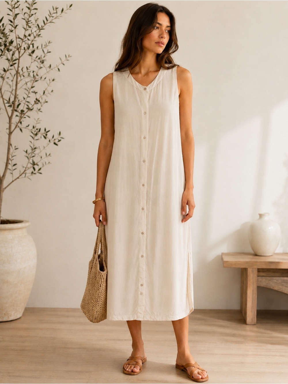 Eileen Fisher 100% Silk Sleeveless Button-Front Midi Dress Ivory/Cream Medium